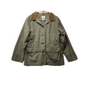 LL Bean Womens Medium Petite Green Corduroy Collar Barn Chore Coat Jacket 0WY26